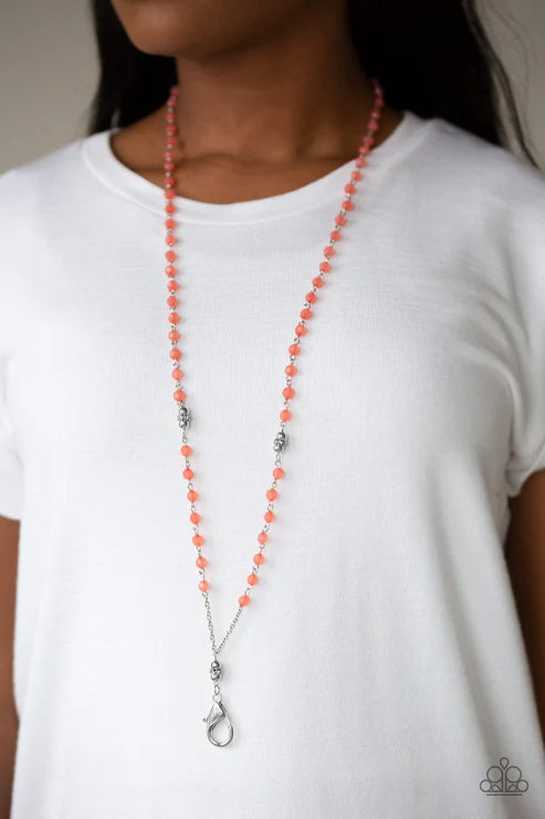 Tassel Takeover - Orange (Opaque Living Coral) Crystal Encrusted Rings Lanyard Necklace N#4243