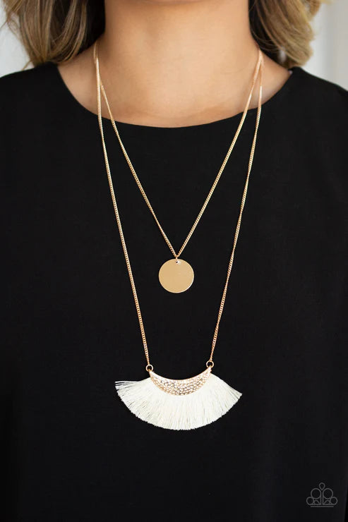 Tassel Temptation - Gold/White Hammered Tassel Fringe Necklace N#2734