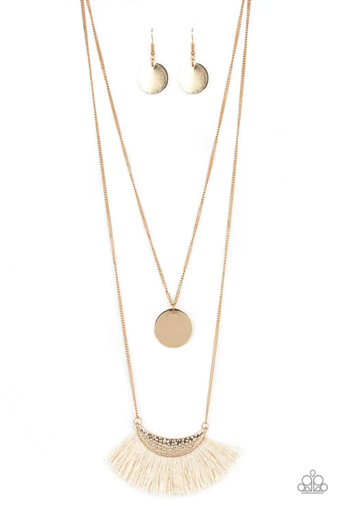 Tassel Temptation - Gold/White Hammered Tassel Fringe Necklace N#2734