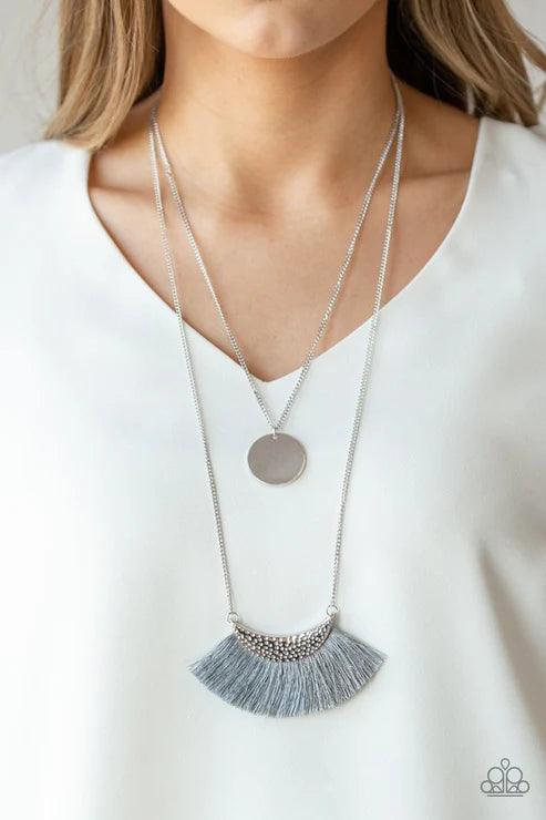 Tassel Temptation - Silver/Gray Hammered Tassel Fringe Necklace N#6545
