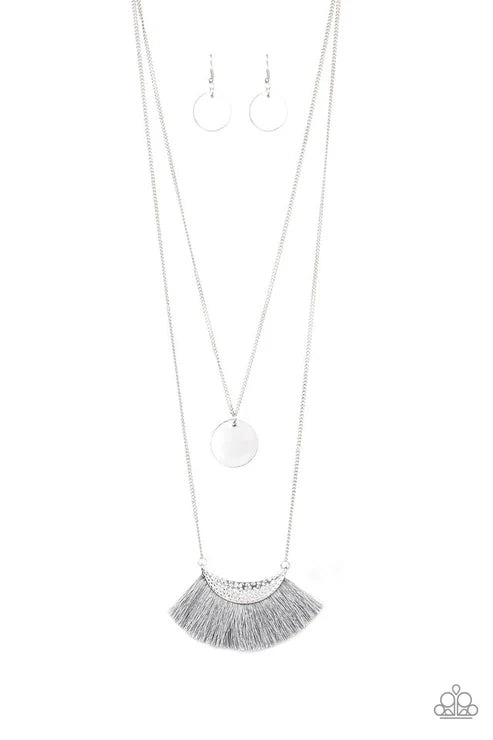 Tassel Temptation - Silver/Gray Hammered Tassel Fringe Necklace N#6545
