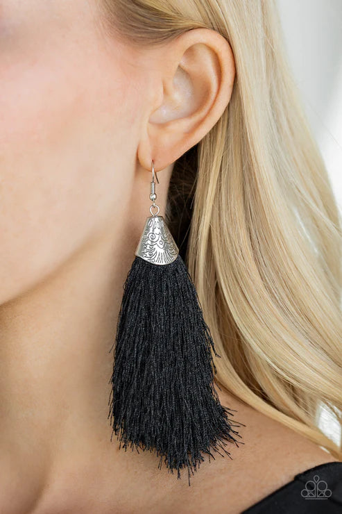 Tassel Temptress - Oversized Black Soft Plume Stamped Tribal Textured Fox Tassel Earrings E#3681