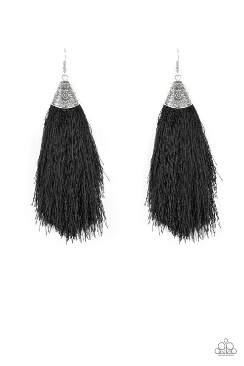 Tassel Temptress - Oversized Black Soft Plume Stamped Tribal Textured Fox Tassel Earrings E#3681
