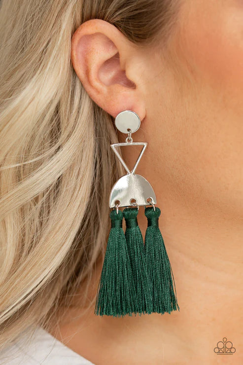 Tassel Trippin - Oversized Green Airy Geometric Lure Disc Triangle Half Moon Link Stacked Trio Threaded Tassel Earrings E#3007