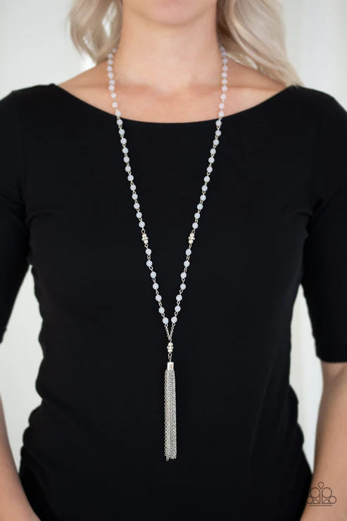 Tassel Takeover - White Opaque Crystal Encrusted Rings Tassel Necklace N#7238
