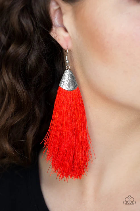 Tassel Temptress - Oversized Red Soft Plume Stamped Tribal Textured Fox Tassel Earrings E#7331