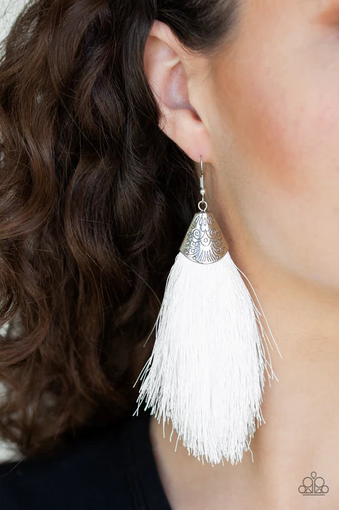 Tassel Temptress - Oversized White Soft Plume Stamped Tribal Textured Fox Tassel Earrings E#7319