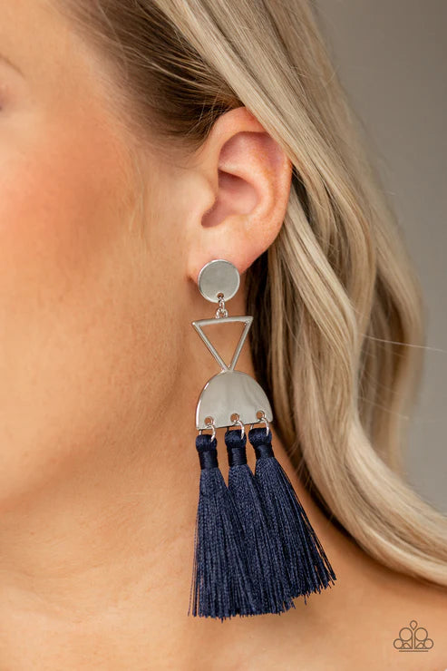 Tassel Trippin - Oversized Blue Airy Geometric Lure Disc Triangle Half Moon Link Stacked Trio Threaded Tassels Earrings E#7297