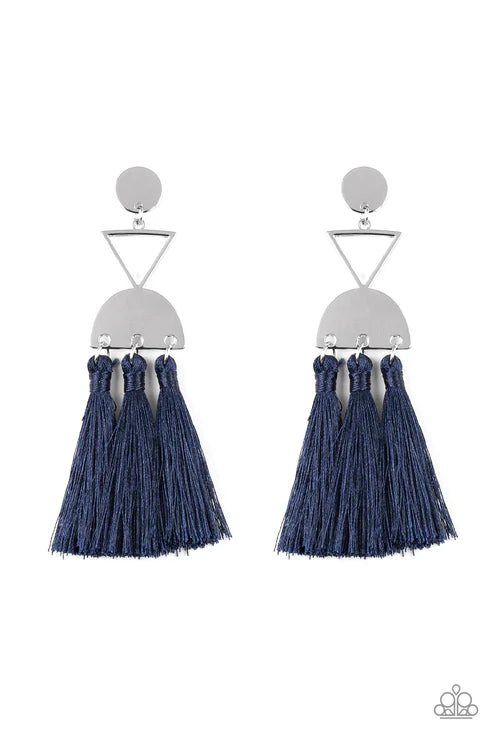 Tassel Trippin - Oversized Blue Airy Geometric Lure Disc Triangle Half Moon Link Stacked Trio Threaded Tassels Earrings E#7297