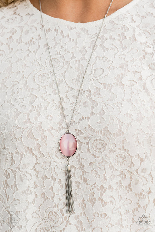 Tasseled Tranquility - Oversized Pink Oval Cat's Eye Moonstone Tassel Necklace N#6829
