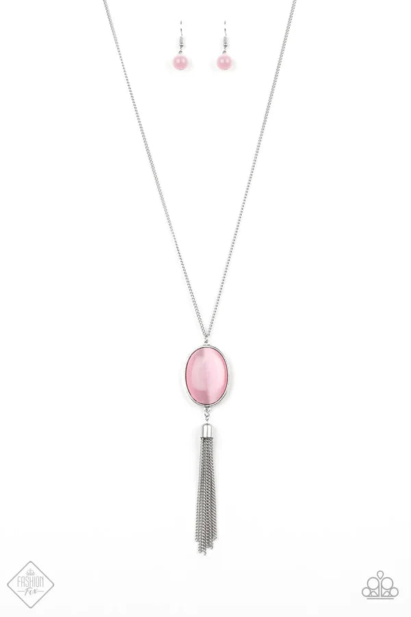 Tasseled Tranquility - Oversized Pink Oval Cat's Eye Moonstone Tassel Necklace N#6829