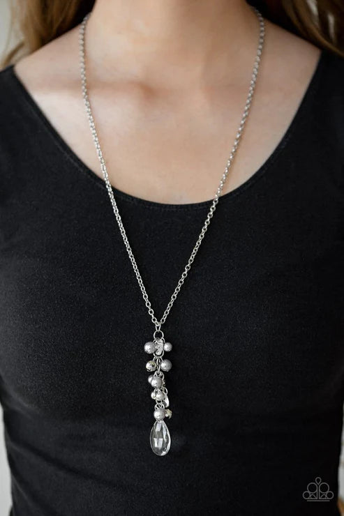 Teardrop Serenity - Oversized Smoky Silver/Gray Pearl Crystal Tassel Teardrop Necklace N#5585