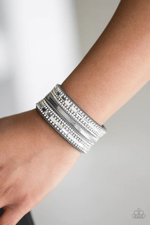Teasingly Tomboy - Silver Mismatched Chain Emerald-Cut Encrusted Suede Bracelet B#4245