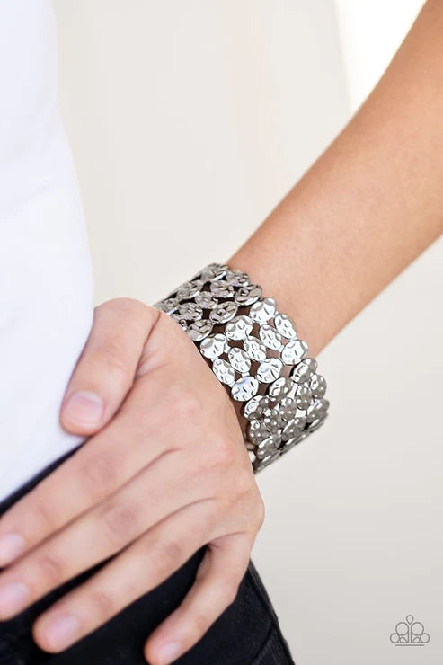 Tectonic Texture - Oversized Black Asymmetrical Oval/Rectangular Hammered Coalesce Textured Bracelet B#4365