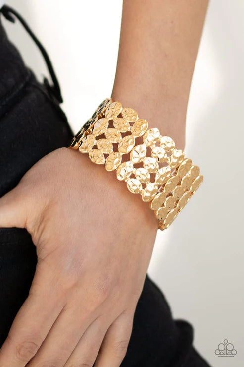 Tectonic Texture - Oversized Gold Asymmetrical Oval/Rectangular Hammered Coalesce Textured Bracelet B#4252