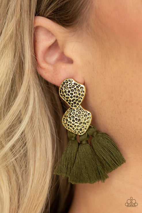 Tenacious Tassel - Oversized Green/Brass Rustic Hammered Textures Duo Asymmetrical Abstract Lure Tassel Earrings E#3151