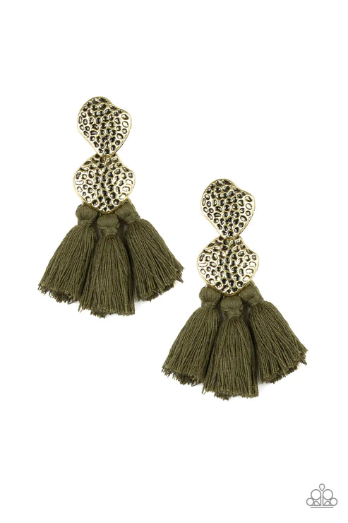 Tenacious Tassel - Oversized Green/Brass Rustic Hammered Textures Duo Asymmetrical Abstract Lure Tassel Earrings E#3151