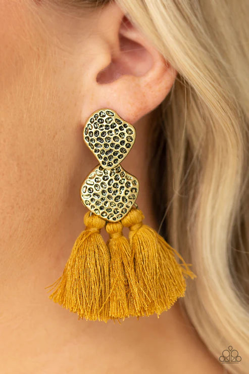 Tenacious Tassel - Oversized Yellow/Brass Rustic Hammered Textures Duo Asymmetrical Abstract Lure Tassel Earrings E#3147