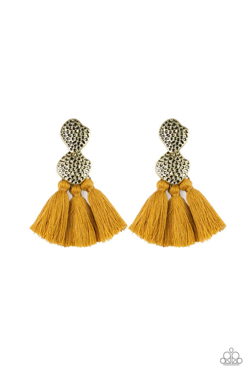 Tenacious Tassel - Oversized Yellow/Brass Rustic Hammered Textures Duo Asymmetrical Abstract Lure Tassel Earrings E#3147