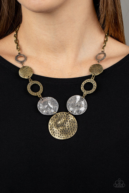 Terra Adventure - Brass Scratched/Hammered/Shiny Antiqued Finishes Mismatched Collection of Imperfect Brass/Silver Discs/Hoops Connect Rustic Necklace N#7426