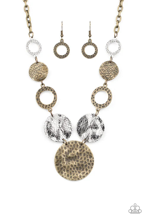 Terra Adventure - Brass Scratched/Hammered/Shiny Antiqued Finishes Mismatched Collection of Imperfect Brass/Silver Discs/Hoops Connect Rustic Necklace N#7426