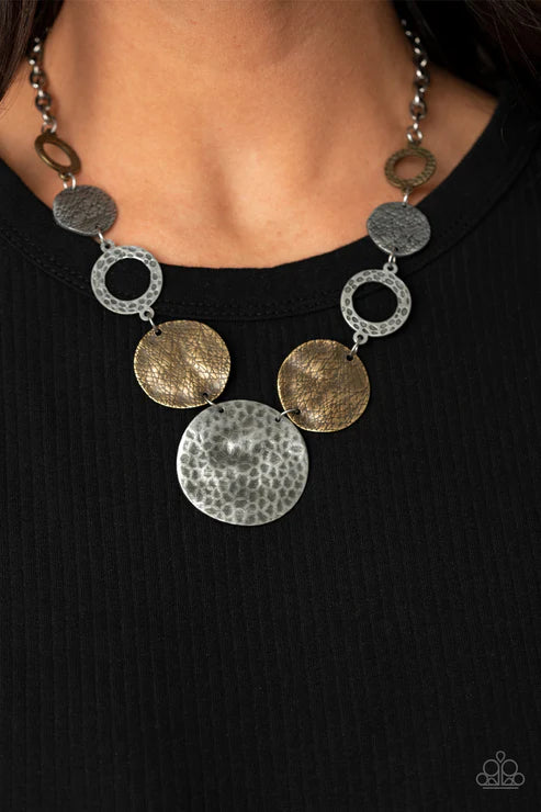 Terra Adventure - Silver (Brass/Tin/Silver) Mismatched Imperfect Scratched Hammered Disc/Hoops Necklace N#4536
