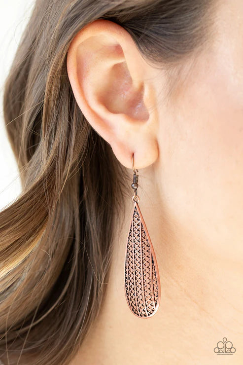 Terra Tears - Copper Diamond Textured Teardrop Tribal Earrings E#6873