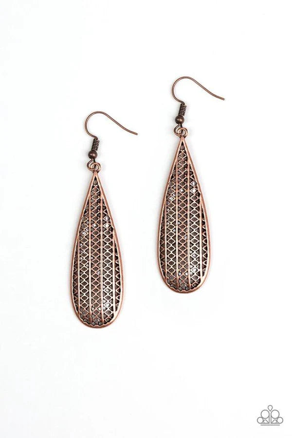 Terra Tears - Copper Diamond Textured Teardrop Tribal Earrings E#6873