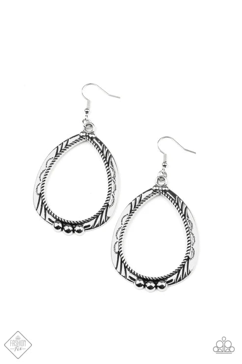 Terra Topography - Oversized Silver Rustic Decorated Metallic Rope Textures Studded Stamped/Etched Tribal Teardrop Earrings E#7264