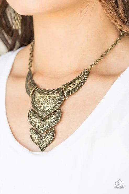 Texas Temptress - Brass Stamped Floral Studded Linked Plate Necklace N#5424