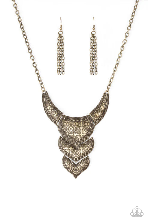 Texas Temptress - Brass Stamped Floral Studded Linked Plate Necklace N#5424