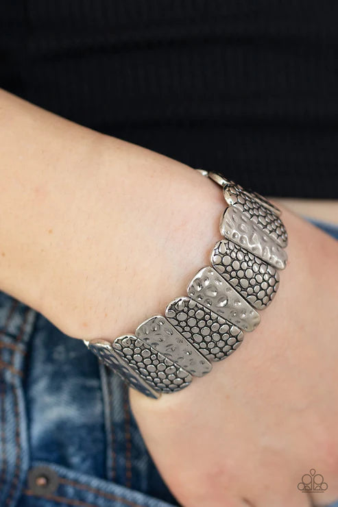 Texture Takedown - Oversized Silver Antiqued Hammered/Embossed Asymmetrical Bracelet B#3181
