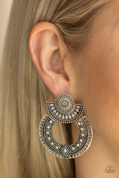 Texture Takeover 2 - Oversized Silver Round/Half-Moon Studded Embossed Ornate Textured Tribal Stacked Earrings E#4429