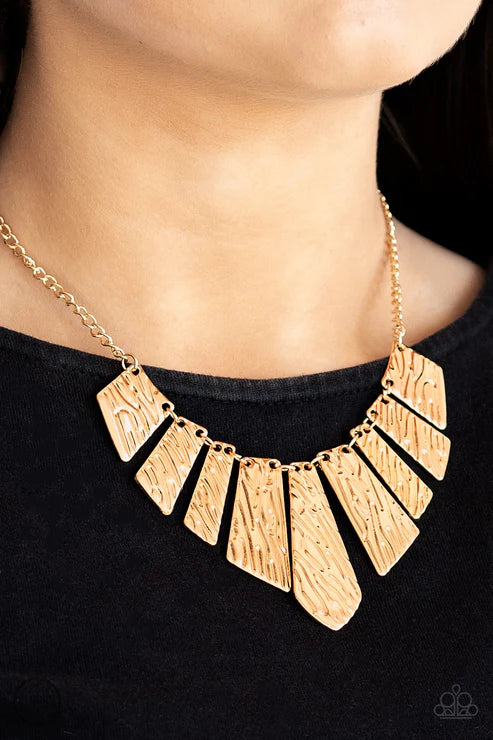 Texture Tigress - Gold Embossed Rippling Angular Plates Edgy Geometric Fringe Necklace N#3490