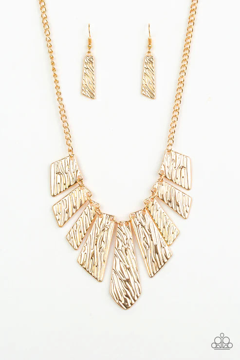 Texture Tigress - Gold Embossed Rippling Angular Plates Edgy Geometric Fringe Necklace N#3490