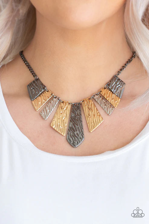 Texture Tigress - Multi (Silver/Gunmetal/Gold) Embossed Rippling Angular Plates Edgy Geometric Fringe Necklace N#3487