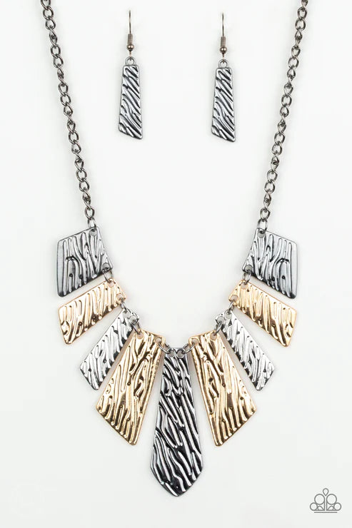Texture Tigress - Multi (Silver/Gunmetal/Gold) Embossed Rippling Angular Plates Edgy Geometric Fringe Necklace N#3487