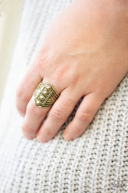 Texture Tracker - Oversized Brass Triangular Studded Textured Tribal Ring R#6577