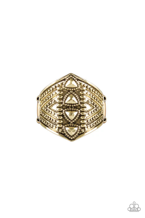 Texture Tracker - Oversized Brass Triangular Studded Textured Tribal Ring R#6577