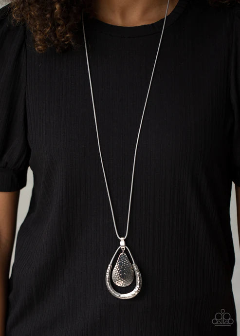 Texture Trekker - Oversized Silver Hammered "Swing" Accent Teardrop Necklace N#3142