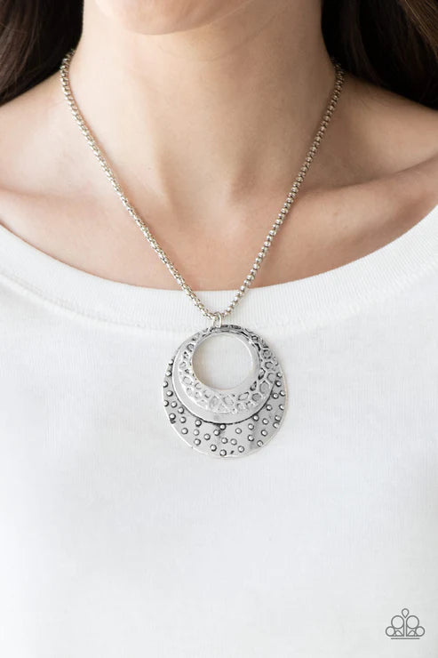 Texture Trio - Silver Rippled Textured Mismatched Hammered Hoops Tribal Necklace N#4709