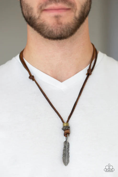 That QUILL Be The Day - Oversized Brown Antiqued 3D Feather Leather Knotted Sliding Knot Closure Urban Necklace N#6594