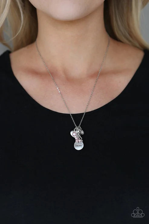 Thats My Mom - Pink Pearl Stamped Inspirational "Mom/Hero" Charm Clustered Necklace N#6803