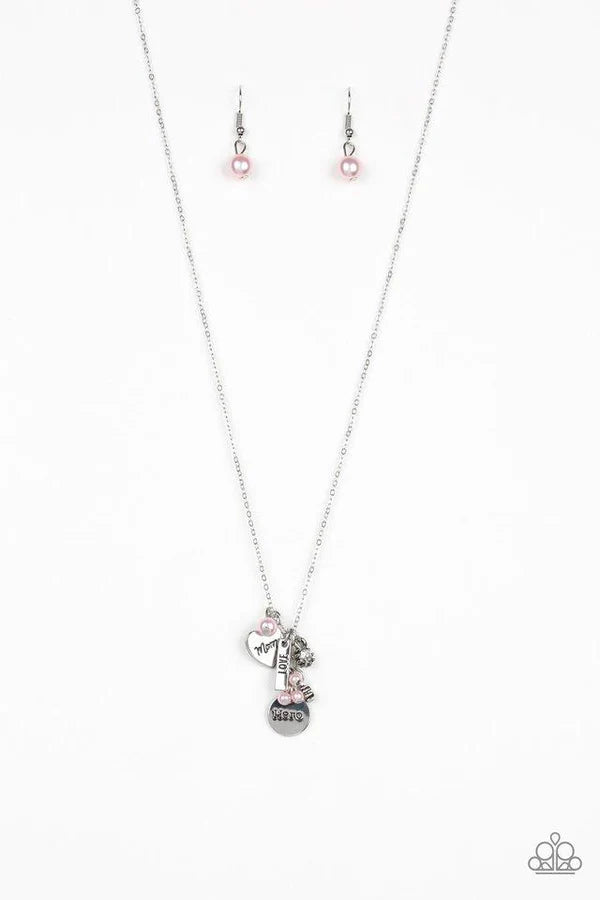 Thats My Mom - Pink Pearl Stamped Inspirational "Mom/Hero" Charm Clustered Necklace N#6803