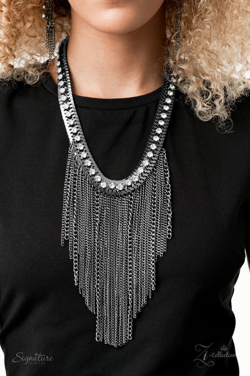 Zi Collection - The Alex- Oversized Gunmetal Mismatched Flattened Exaggerated Curtain Fringe Necklace  ZI#406