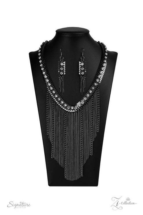 Zi Collection - The Alex- Oversized Gunmetal Mismatched Flattened Exaggerated Curtain Fringe Necklace  ZI#406