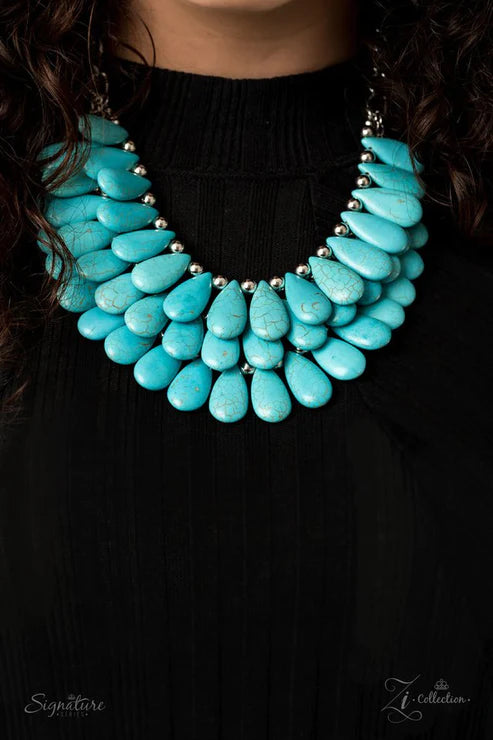 Zi Collection - The Amy - Oversized Blue Stone Trio Tier Tribal Teardrop Fringe Necklace ZI#2855