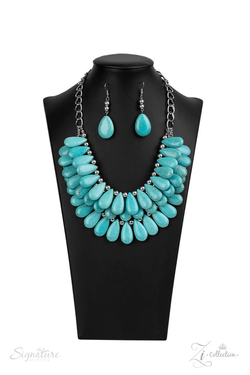 Zi Collection - The Amy - Oversized Blue Stone Trio Tier Tribal Teardrop Fringe Necklace ZI#2855