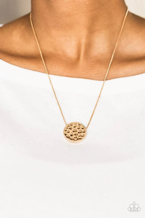 The BOLD Standard - Gold Hammered Shimmery Slides Along Bold Pendant Box-Chain Necklace N#3270