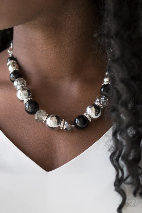 The Camera Never Lies - Oversized Black/Silver/Smoky Crystal-like Stone White Encrusted Rings Dramatic Necklace N#7410